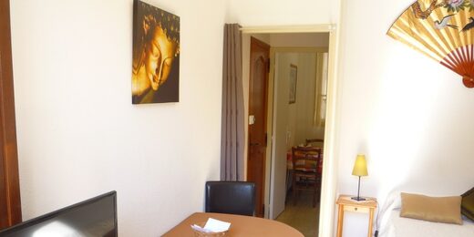 Amelie les bains location daviaud, photo du coin salon du T1 n°1 avec loggia. Cette location se trouve à 100 mètres des thermes.