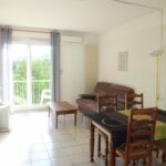 Salon séjour lumineux avec balcon et vue dégagée sur la rivière de la location F2 n°103 loué par la Résidence le Catalogne** à Amélie les bains